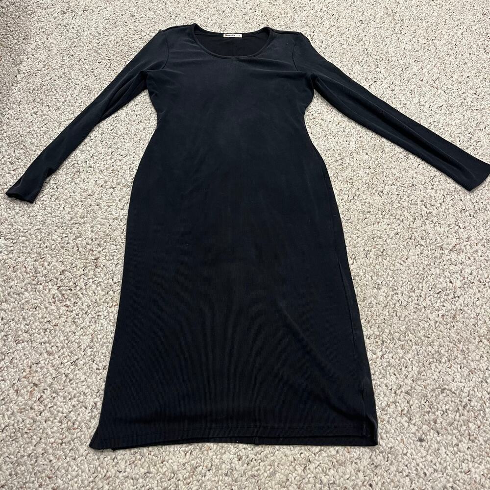 Marine Layer Lexi Ribbed Long Sleeve Midi Dress Sz L Black Classic Double Fabric